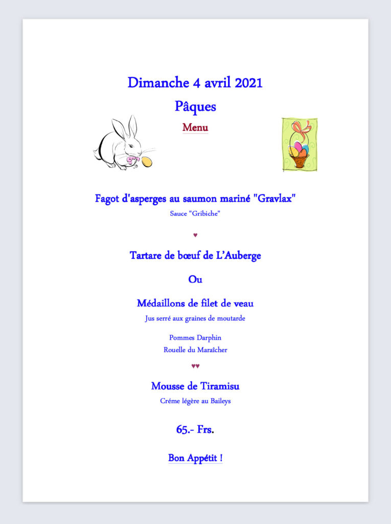Menu de Pâques à l'emporter Auberge les Platanes