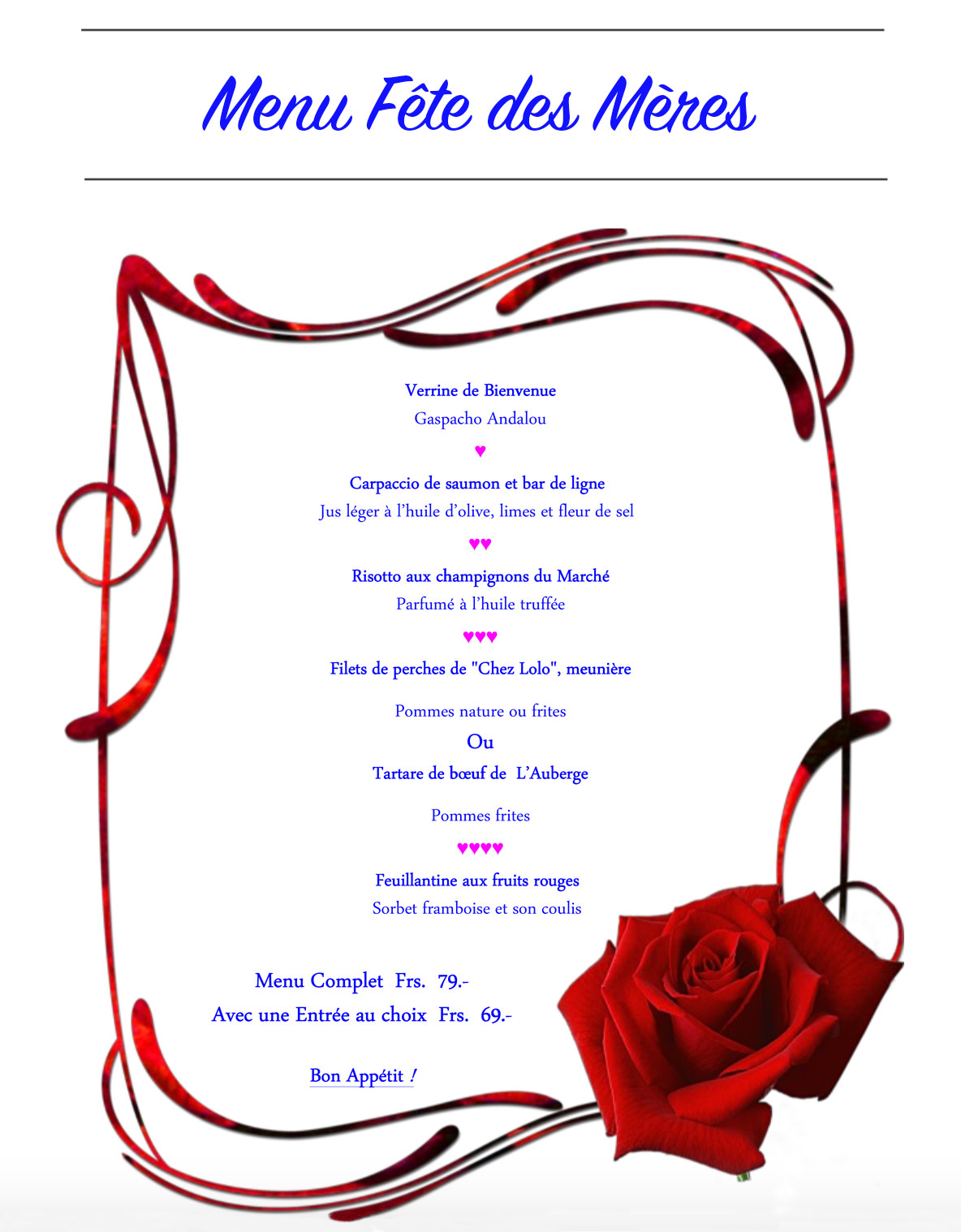 Menu Fête des Mères Auberge Les Platanes Auberge Les Platanes