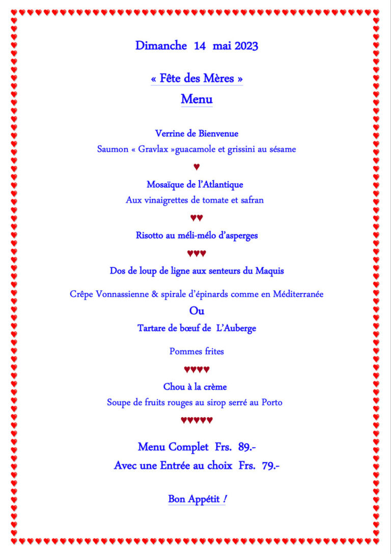 Menu Fête des Mères Auberge Les Platanes Auberge Les Platanes